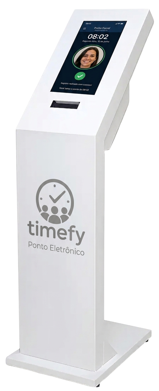 Totem Timefy de piso, branco, com tela exibindo o reconhecimento facial de uma colaboradora durante o registro de ponto